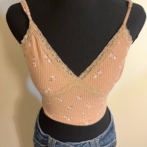 Tan Floral Ribbed Lace Trim Crop Cami